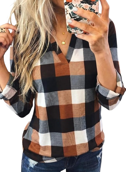  Womens Tops Plaid Cotton Cuffed 3/4